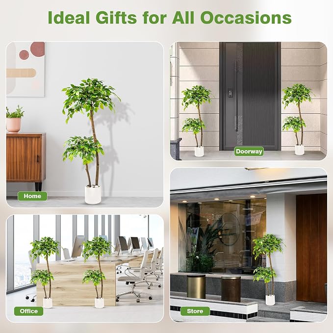 4FT Artificial Ficus Tree with White Planter and Pebbles,Faux Silk Tree with Lifelike Leaves and Realistic Trunk,Tall Fake Potted Plant for Home and Office Décor Indoor and Outdoor (4FT)