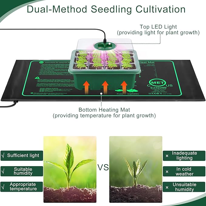 Hahood 6 Pack Seed Starter Tray Kit with Grow Light and Seedling Heat Mat 72 Cells Seed Starter Tray with Humidity Dome and Base Plastic Plant Growing Germination Trays for Seed Propagation, Green