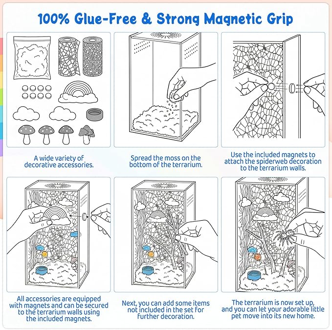 21 Pcs Jumping Spider Enclosure Accessories Kit - Magnetic Rainbow Cloud Hideout & Feeding Bowl, Mushroom Platform Ledges, Climbing Nets, Moss - Aesthetic Habitat Decor for Resting and Exploration