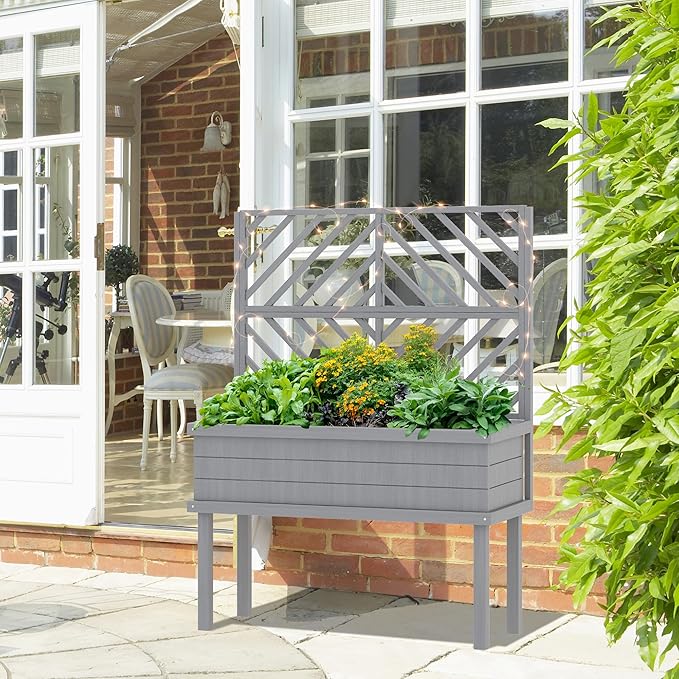 Outsunny Raised Garden Bed with Trellis for Climbing Plants, Vegetable, Grape Vines, Elevated Planter Box with Legs, Drainage Holes and Filter for Outdoor Garden, Patio, Gray