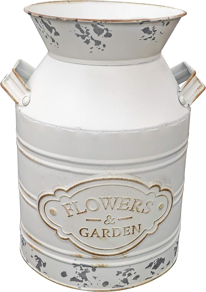 Soyizom Vintage Rustic Farmhouse Galvanized Metal Shabby Chic Flower Vase Watering Can Tin Jug French Style Bucket Pot Pitcher Flower Holder Vase with Handle for Kitchen Garden Decor —Large,9.8" H