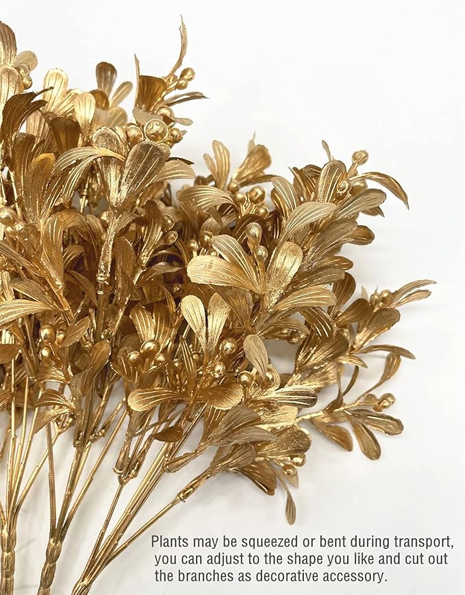 PASYOU Artificial Plants for Christmas Decor, Golden Flowers Plastic Grass Fake Shrubs Leaves Indoor Outdoor Home Garden Party Hotel Verandah Wedding Event Bouquet Faux DIY Decoration - Gold 2 Pack