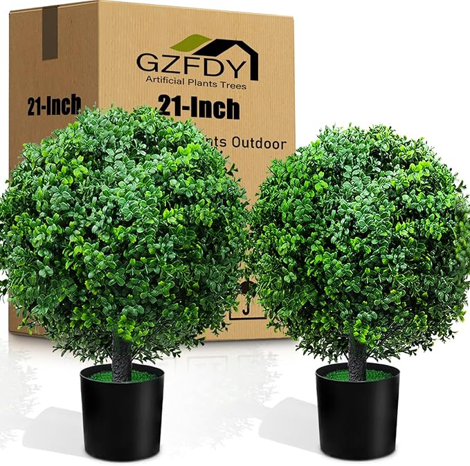 21-Inch Artificial Topiary Boxwood Ball Trees (Set of Two) – Lifelike, UV-Resistant Decor for Indoor & Outdoor Use – Enhance Your Space with Vibrant Greenery