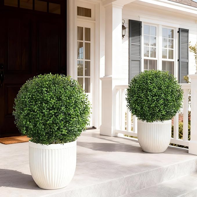 Artificial Cedar Topiary Ball Trees for Outdoor Set of 2 Fake Plant Bushes with Ground Spike UV Resistant Faux Shrubs for for Garden Front Porch, Green