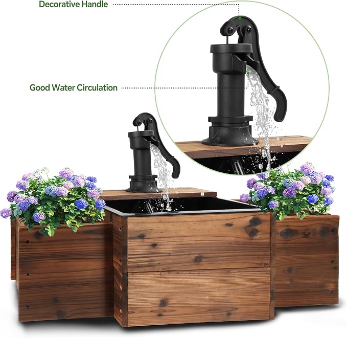 OIPRTGFJ Outdoor Water Fountain,Floor Wooden Rectangular Pump Old-Fashioned Fountain with Flower Box,Electric Decorative Hand Pump, Outdoor Water Feature for Garden Patio Backyard