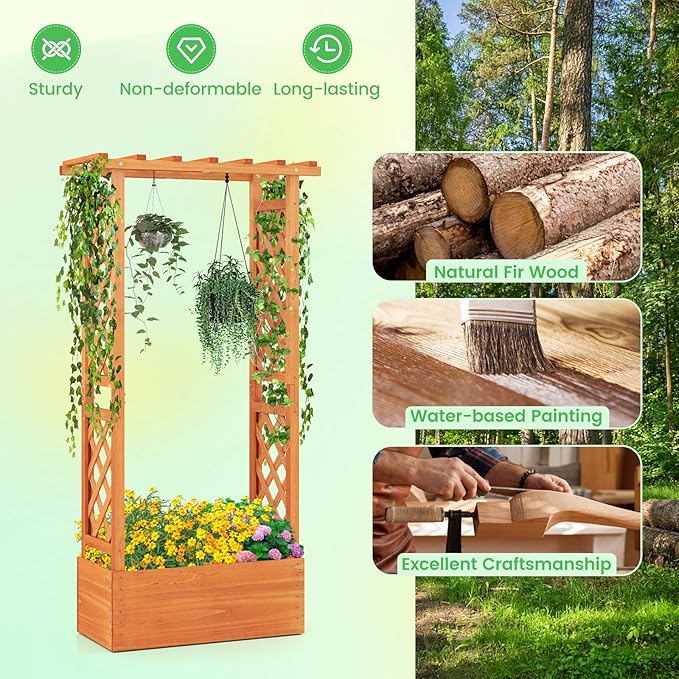 MAT EXPERT Raised Garden Bed with Trellis & Hanging Roof, Lattice Panel with Drainage Hole for Flower, Climbing Plant, Herb, Planter Box for Garden, Patio, Yard (2, 31" L x 14" W x 60" H)