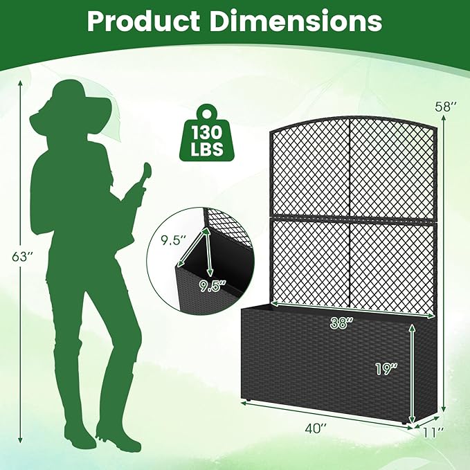 Giantex Raised Garden Bed with Trellis, 58'' Tall PE Rattan Planter Box w/Liner & Drainage, Metal Frame Privacy Screen for Vertical Climbing Plants, Vegetables & Flowers, Patio Balcony Gardening
