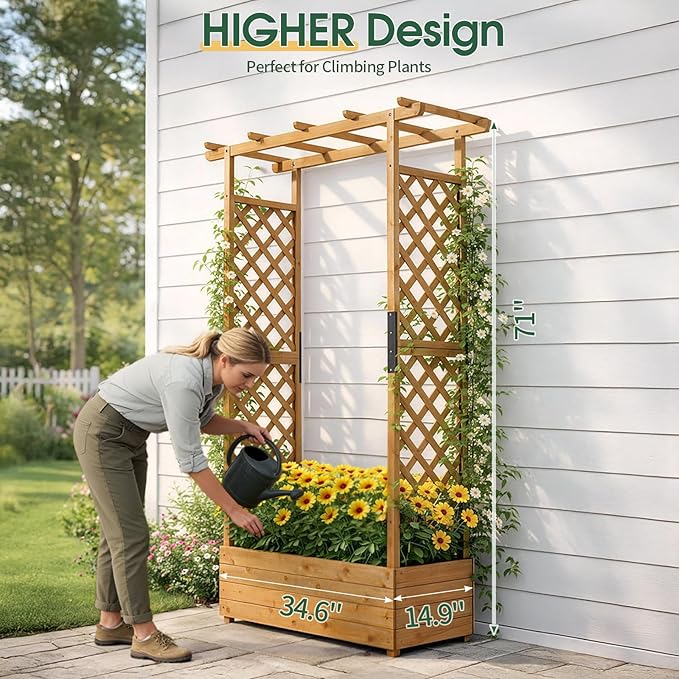 VINGLI 72 in Raised Garden Bed with Trellis & Hanging Roof, Wooden Elevated Planter Box with Drainage Holes for Outdoor Climbing Plants Vegetables Flowers, Patio Yard Balcony, Teak Color