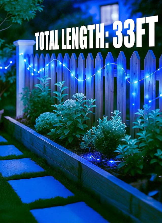 Minetom Solar String Lights for Outside, 33Ft 100 LED Outdoor Solar Fairy Lights, 8 Modes Balcony Lights for Tree Patio Christmas Party Decor (Blue and White)