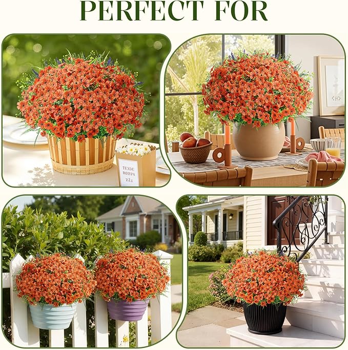 Alupssuc 24 Bundles Artificial Flowers for Outdoors Spring Decoration, UV Resistant Eucalyptus Violet and Lavender Silk Fake Plants for Outside Indoor Yard Home Patio Decor, Orange