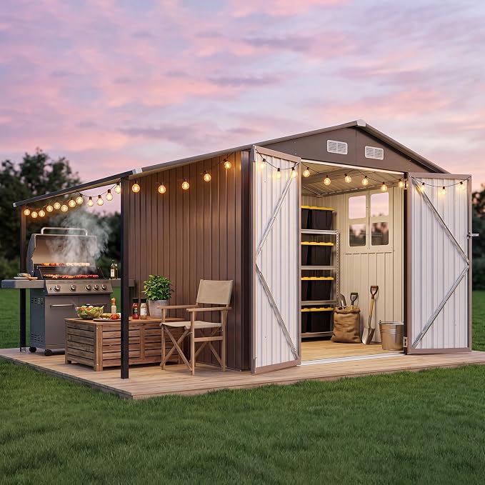 Aoxun 6x10 FT Outdoor Storage Shed Metal Lean-to Sheds with Gazebo,Lights,Open-Sided Pergola Garden Sheds with Lockable Doors,Sloped Roof,Windows, 2 in 1 Large Tool Shed for Patio,Backyard,Lawn