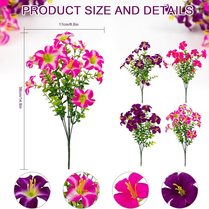 Daynight 32 Pcs Faux Petunias Artificial Flowers Plants for Outdoor Plant Decoration,Fake Petunias Realistic Silk Flowers for Porch Yard Garden Window Indoor Decor (32, Rosered,RedViolet)