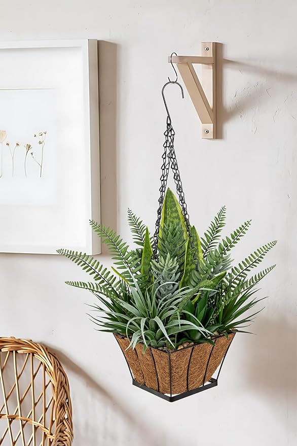 DILATATA Artificial Hanging Plants Basket, Faux Snake Plants Fern Succulent Mix with Coconut Fiber Liner, Fake Hanging Plant with Chain Hook for Indoor Outdoor Porch Patio Balcony Home Décor