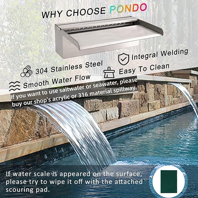 12'' APP Control Pool Waterfall with RGB LED Lights, Stainless Steel Pond Fountain Set for Outdoor Decorations, Patio Waterfall Spillway Kit w/16 Color Changing, Easy Install