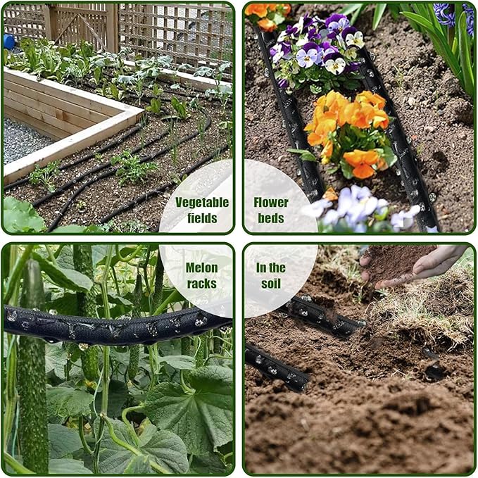 Flat Soaker Hose, Garden Hose with Heavy Duty Double Layer Design, Drip Irrigation Hose Saves 80% Water, Leak Proof Sprinkler Hose for Garden, Lawn, Vegetable plot (100FT)