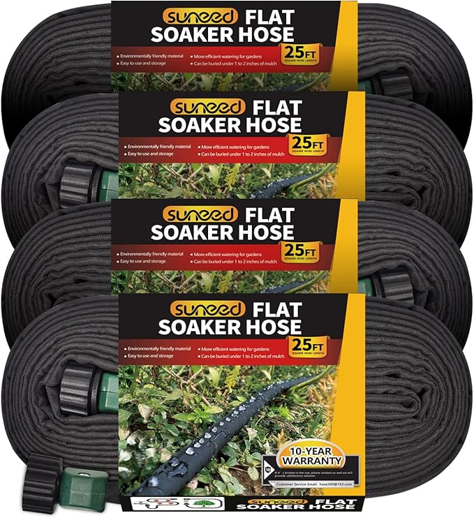 4 Pack Flat Soaker Hose 25FT for Garden Beds, Lightweight Drip Soaker Hose 100 ft for Foundation Watering of Plants – Garden Sprinkler Soaker Hoses with Heavy Duty & Easy to Install (25ftx4)