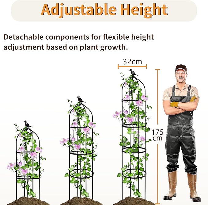 2 Pack Garden Obelisk Trellis for Climbing Plants Outdoor, 6FT Adjustable Metal Plant Support with 3 Decorative Tops, Black Rustproof Trellis for Roses, Tomatoes, Clematis & Vines