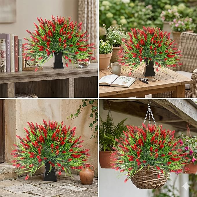 22 Pcs Artificial Outdoor Flowers Fake Outdoor Plants Monkey Grass with Red Flowers for Pot Decor for Window Garden Patio Hanging Planter Pathway Front Porch (22, Red)