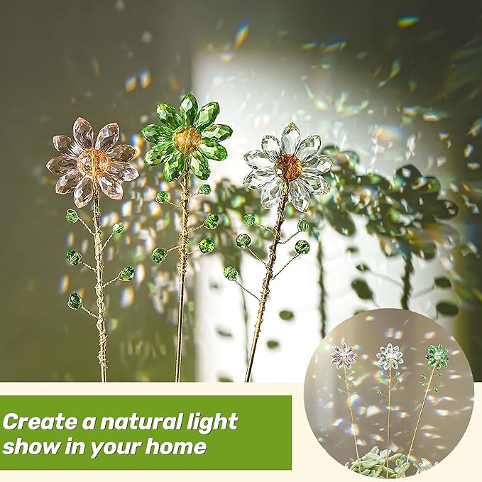 H&D HYALINE & DORA 3 Pcs Crystal Sunflower Suncatchers with 13'' Gold Trellis Metal Plant Stake for Indoor Outdoor Garden Potted Plants Decorations Plant Lover Gift(Clear, Green, Pink)