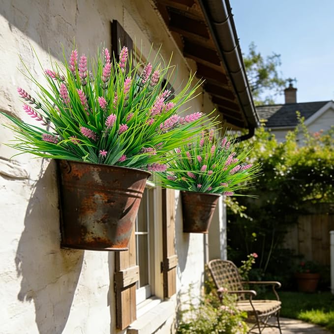 Roberly 24 Bundles Artificial Plants Outdoor, Fake Lavender Flowers UV Resistant Faux Shrubs Plastic Flowers Fake Greenery Plants for Porch Garden Window Box Home Indoor Outdoor Decorations, Pink