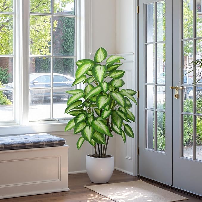 Artificial Golden Dieffenbachia 4ft Tall Artificial Plants Indoor Decorative Silk Plants Potted Faux Tropical Tree Lifelike House Floor Large Fake Tree for Home Living Room