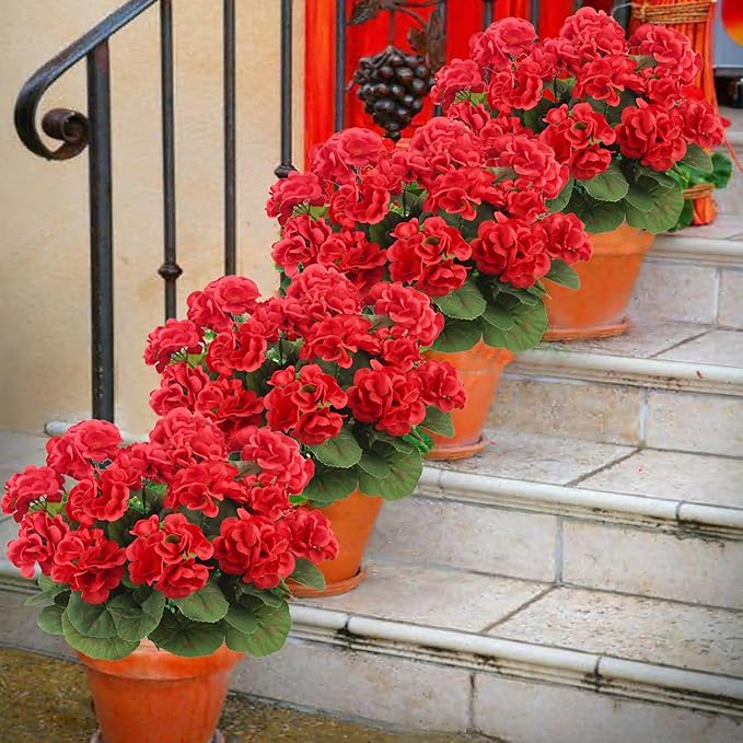CITYES 3 Pcs Artificial Geraniums Flowers Silk Geraniums for Outdoors UV Resistant Red Fake Geranium Bush Faux Flowers Plant for Planter Garden Home Decor Indoor Patio Vase Table Centerpiece
