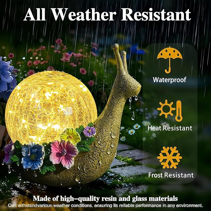 Solar Snail Garden Decorations Outdoor Lights Yard Decor,Resin Fariy Statues Cracked Glass lamp Outside for Backyard Patio Lawn Porch,Unique Gifts for Women Mom Grandma