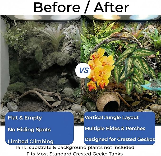 Crested Gecko Terrarium Decor Kit - 5PCS Rainforest Tank Accessories with Coconut Hide, Climbing Vines, Leaf Platform & Artificial Plants - Habitat Enrichment for Humidity & Hiding (Yellow)