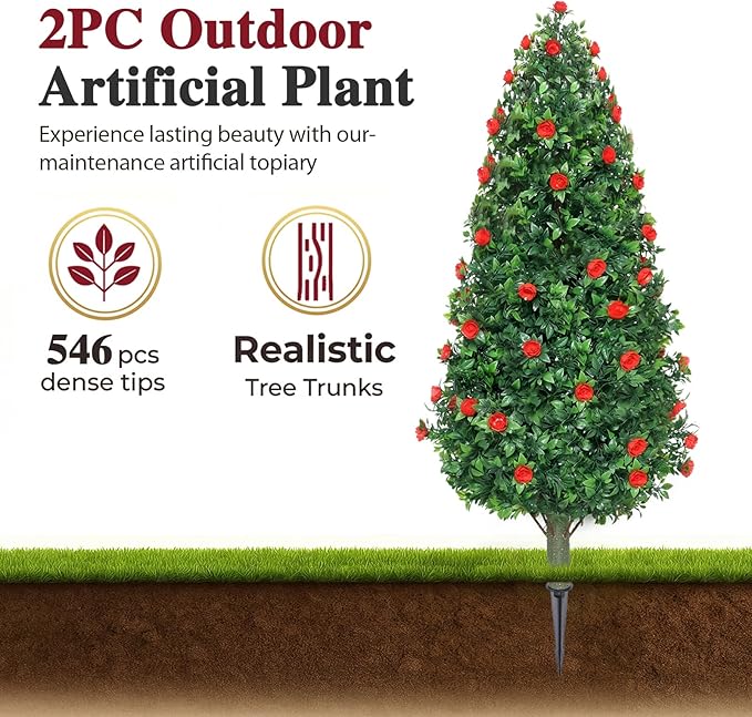 PATIO CHOICE 3ft Artificial Topiary Trees with Rose Set of 2 Outdoor Faux Plants Realistic Faux Bushes and Shrubs Decorations for Outdoor Front Porch Garden (Rose, 36in)