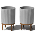 Veradek Demi Series Round Planter w/Stand for Porch/Patio | Durable Plastic-Stone Composite & Wooden Stand | Modern Décor for Tall Plants, Flowers