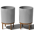 Veradek Demi Series Round Planter w/Stand for Porch/Patio | Durable Plastic-Stone Composite & Wooden Stand | Modern Décor for Tall Plants, Flowers