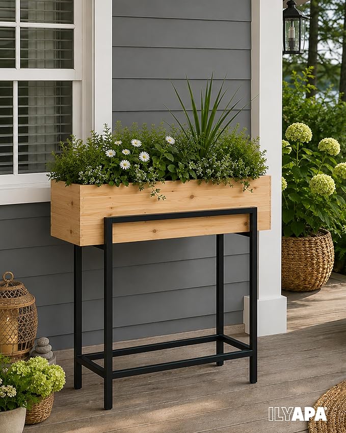 Ilyapa Raised Standing Planter with Legs, Metal and Wood Elevated Planter Box, 33"x29"x7", Indoor Outdoor, Perfect for Living Room, Front Porch
