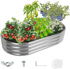 YSEJOMP 5X2.7X1 FT Oval Galvanized Metal Garden Raised Bed/Plant Box for Planting,32 Inches Diameter Iron Fire Pit Ring,Small Animal Fence-3 in 1 Modular Design in Black (Silver, 60X32X11.5 Inches)