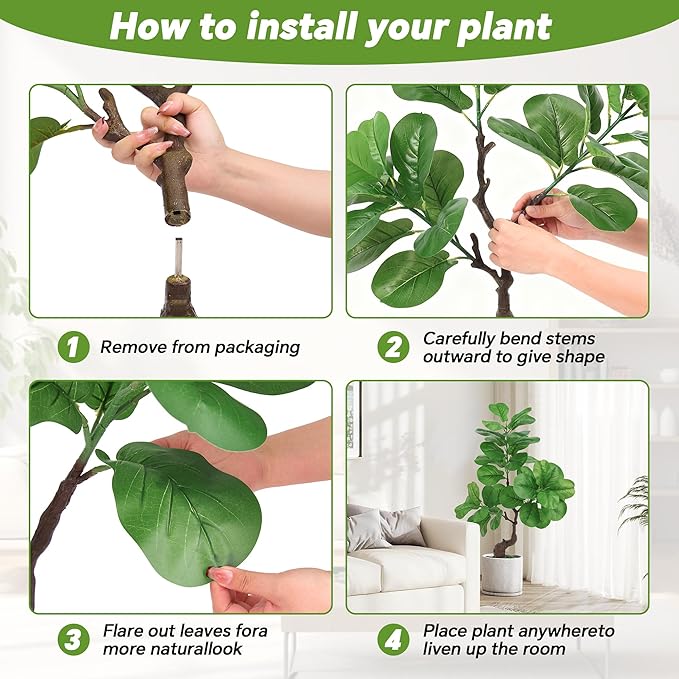 iilitphke Artificial Fiddle Leaf Fig Tree with Black Planter, 4FT Tall Fake Tree with Natural Wood Trunk for Home Decor, Faux Ficus Tree Fake Moss for Indoor Office Living Room