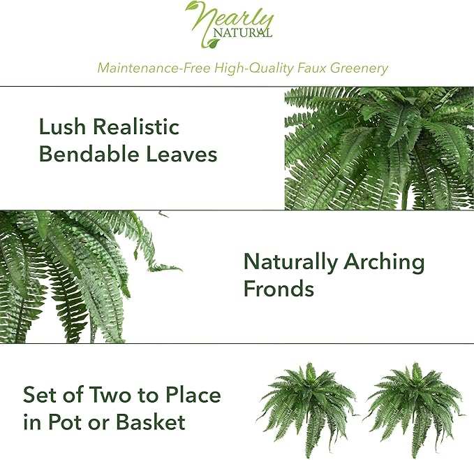 Nearly Natural 48in Artificial Boston Fern, Set of 2 - Large Hanging Fake Plant Wall Decor with 67 Fronds, Faux Fern Vines that Look Real for Home and Office Decor