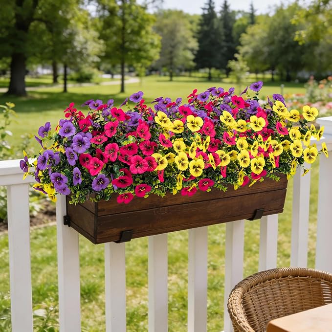 17 Inch Artificial Faux Pansy Flowers for Outdoor,Fake Pansies Flowers with Eucalyptus Leaves Fake Plants Greenery Boxwood Porch Patio Decor 6 Bundles(Light Purple,Dark Rose,Yellow)