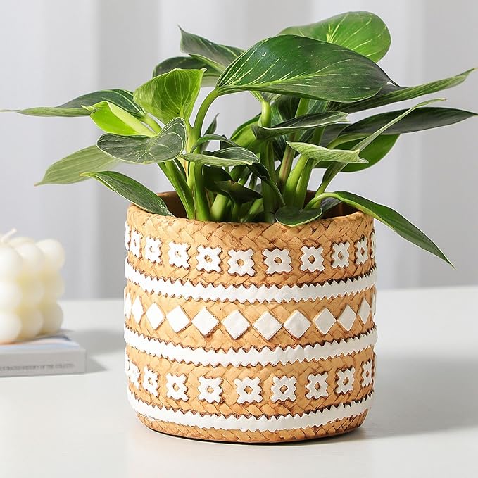 vomiceak Concrete Rattan-Style Plant Basket Planter, 5" Plant Pots Indoor Outdoor with Drainage Hole, Boho Flower Pot for Succulents, Herbs, Modern Farmhouse Decor, Ideal Gift for Plant Lovers