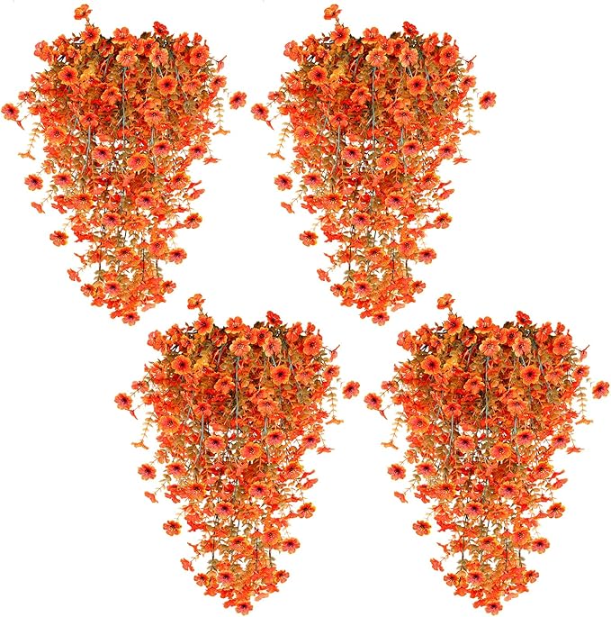 TURNMEON 4 Pcs Artificial Hanging Fall Flowers Fall Decorations, Fake Mums for Outdoors UV Resistant Hanging Plants Faux Silk Daisy Flowers for Autumn Decor Home Indoor Outside Gardens Porch (Orange)