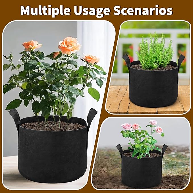12 Pack 5 Gallon Grow Bags, Heavy Duty 300g Nonwoven Fabric Plant Pots with Reinforced Handles, Breathable Tomato Potato Vegetable Grow Bags for Garden & Patio - Black