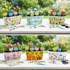 6 Sets Flower Pot Painting Kit DIY 6 Large Spring Metal Iron Plant Pots with Acrylic Paint Stickers Brushes Plant Labels Gardening Tools Kit for Planting Crafts Spring Birthday Easter Gift