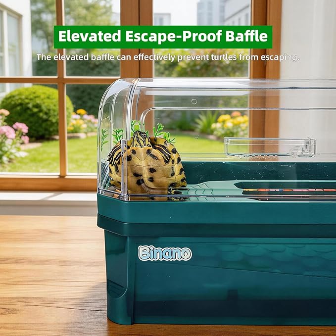 Turtle Tank Kit with 3-Stage Filter, Basking Platform & Heat Lamp - Complete Turtle Aquarium Habitat for Water Turtles, Enclosure or Hermit Crab Tank, Easy Drain Starter Kit Green, 18.1 Inch