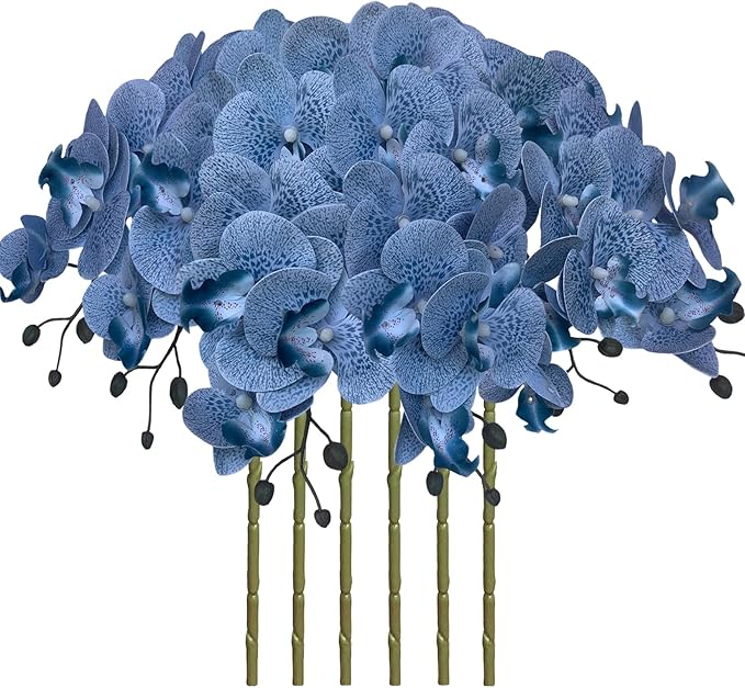 FagusHome 32 Inch Artificial Phalaenopsis Flowers 6 Pcs Artificial Orchid Flowers Stem Plants for Home Décor (Blue Piebald), FH1000143