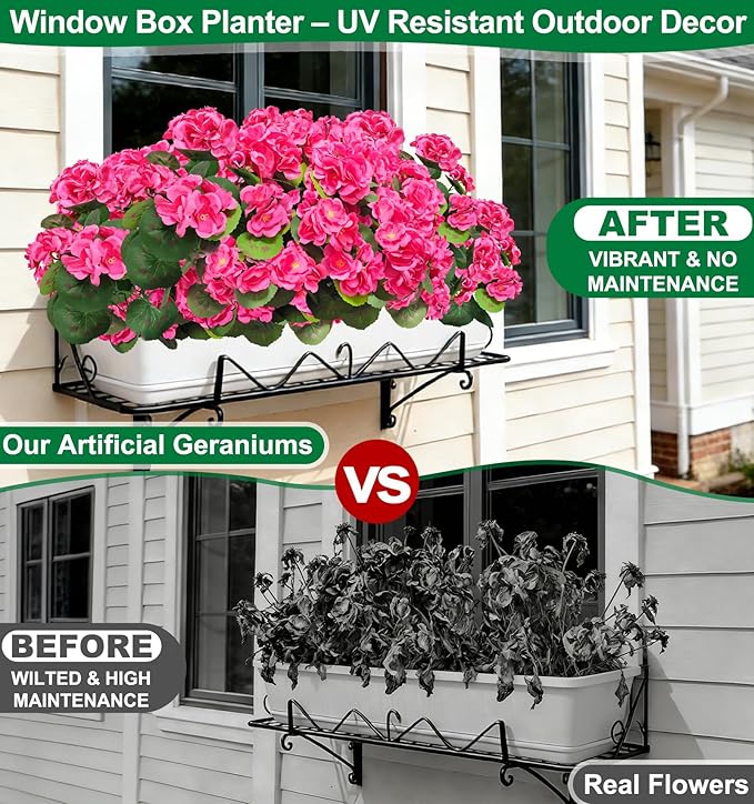 TURNMEON Artificial Geraniums Flowers for Outdoors Summer Decoration, 4 Bundles Fake Flowers Silk Pink Flowers UV Resistant No Fade Faux Plants for Planter Gardens Table Porch Indoor Cemetery Decor