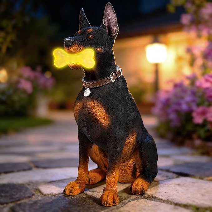 Doberman Solar Garden Statue - Outdoor Yard, Lawn, Patio Dog Decor - Unique Birthday Housewarming Gift for Dad, Mom, Men, Women