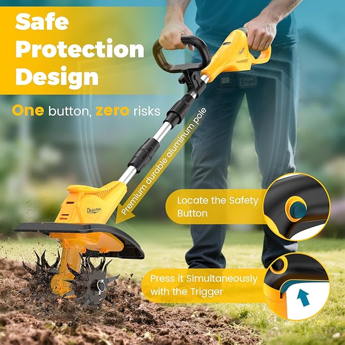Battery Powered Tiller Compatible with Dewalt 20V Battery(Tool Only), 310RPM Folding Electric Rototiller Features 40 Steel Tines, 9.1In Tilling Width & 6.3In Depth Tiller