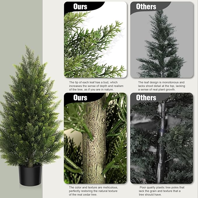 Vitalismo Outdoor Artificial Cedar Topiary Tree, Faux Evergreen Shrubs for Front Porch Decor, Lifelike Fake Bushes Plants for Home Living Room Front Door Decor (1, 3ft)