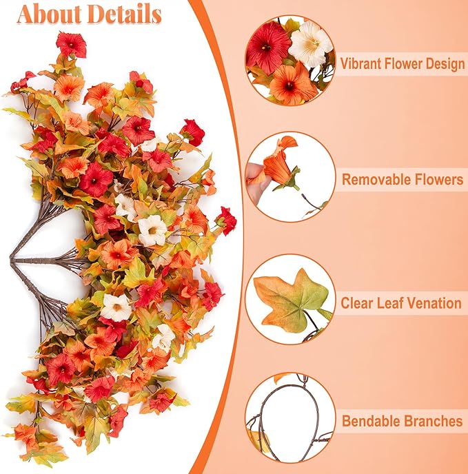 Ammyoo Artificial Fake Fall Flowers with Hanging Basket Plants for Outdoor Decoration, Silk Faux Flower UV Resistant Petunias for Home Porch Patio Garden Balcony Yard Decor Real Looking(Orange White)