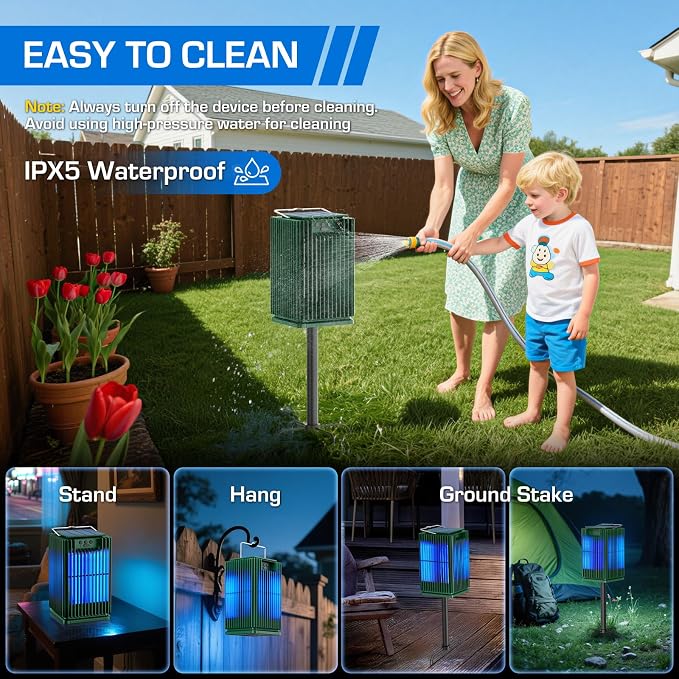 Solar Bug Zapper Outdoor, Waterproof Mosquito Zapper Type-C & Solar Powered, Auto On/Off, Cordless 4200V Electric Fly Zapper, 5000mAh Rechargeable Mosquito Trap Killer for Patio Backyard Camping