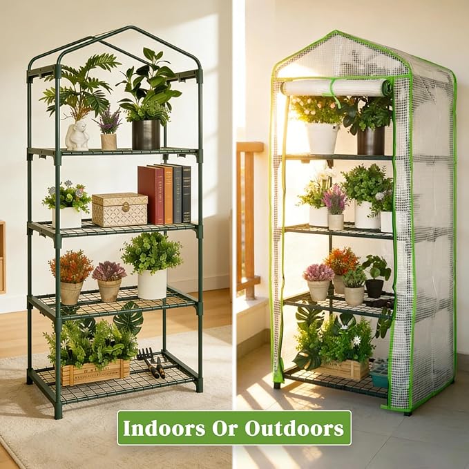 Mini Greenhouse for Indoor Outdoor, Small Plants Green House with 4 Tier Shelves, Portable Plastic Greenhouses with Durable PE Cover for Garden Backyard Patio Balcony Porch (White)