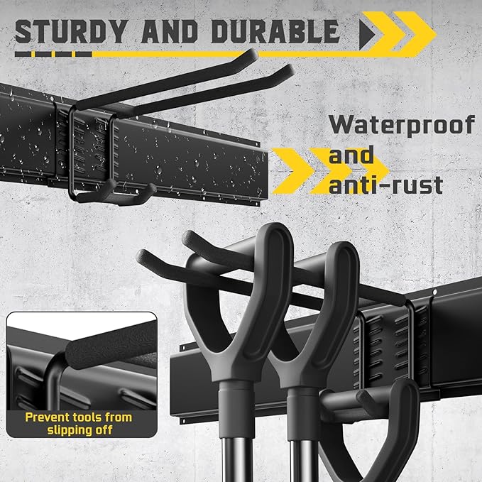 96" Garage Tool Organizer Wall Mount, 1250lbs Heavy Duty Garden Tool Storage Rack with 15 Adjustable Hooks for Yard, Shed, Garage (6 Racks, 15 Hooks, 2 Straps, Steel)